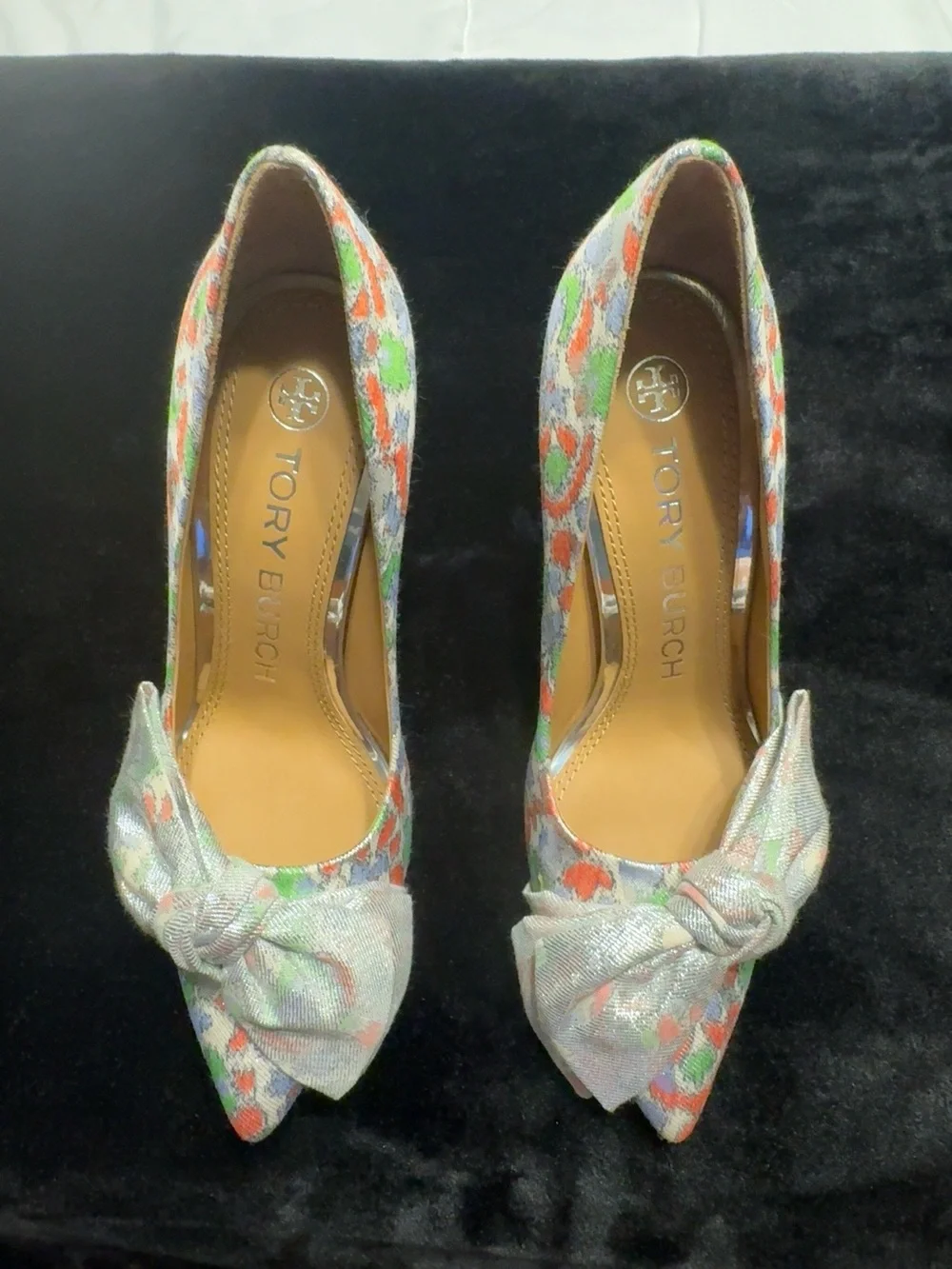 Tory Burch Clara Floral Metallic Bow d’Orsay Pumps Heels Size 5M Style 56255